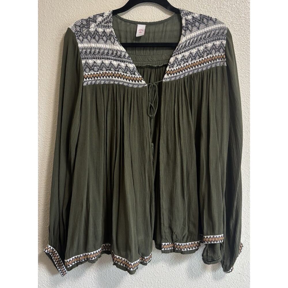 Kimono Cardigan Embroidered Boho Earthy Tassel Gauze Olive Green Tribal Size L